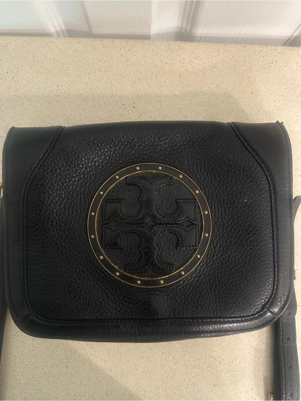 Tory Burch Black Pebbled Leather Crossbody Bag Gold Logo Adjustable Strap